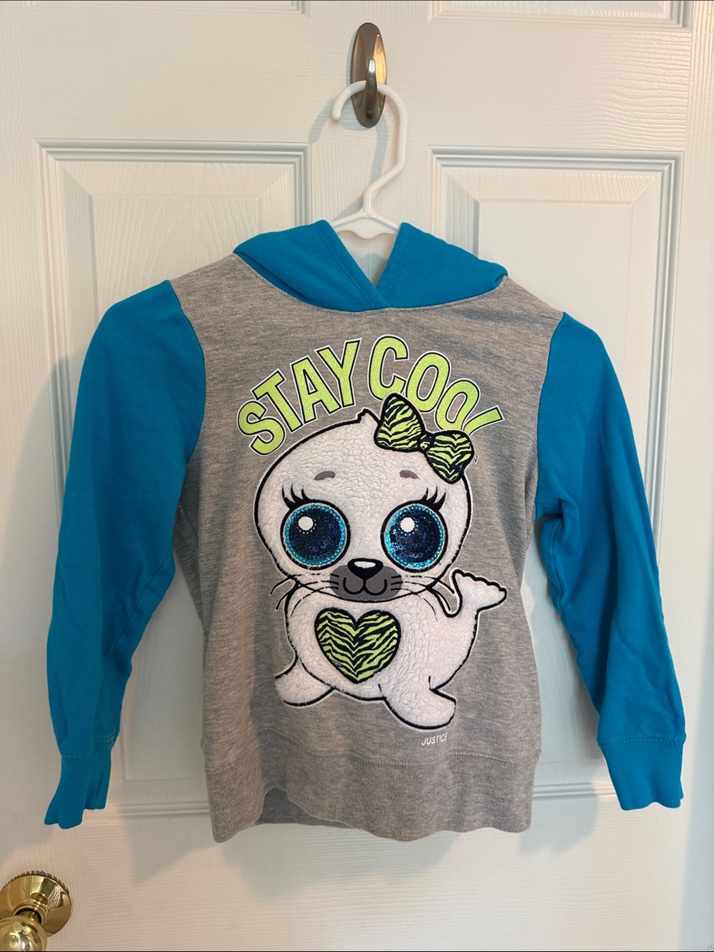 Justice Stay Cool Seal Hoodie Tee - Gray with Blue Sleeves Girls Size 8